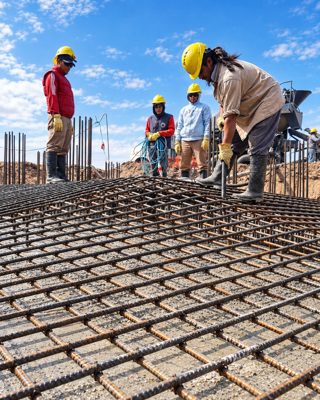 Equipo con cascos trabajando sobre la armadura de acero de una losa